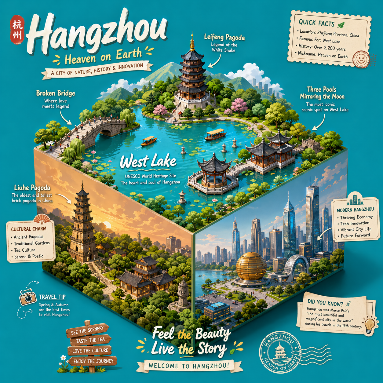 杭州主题 3D 方块信息图