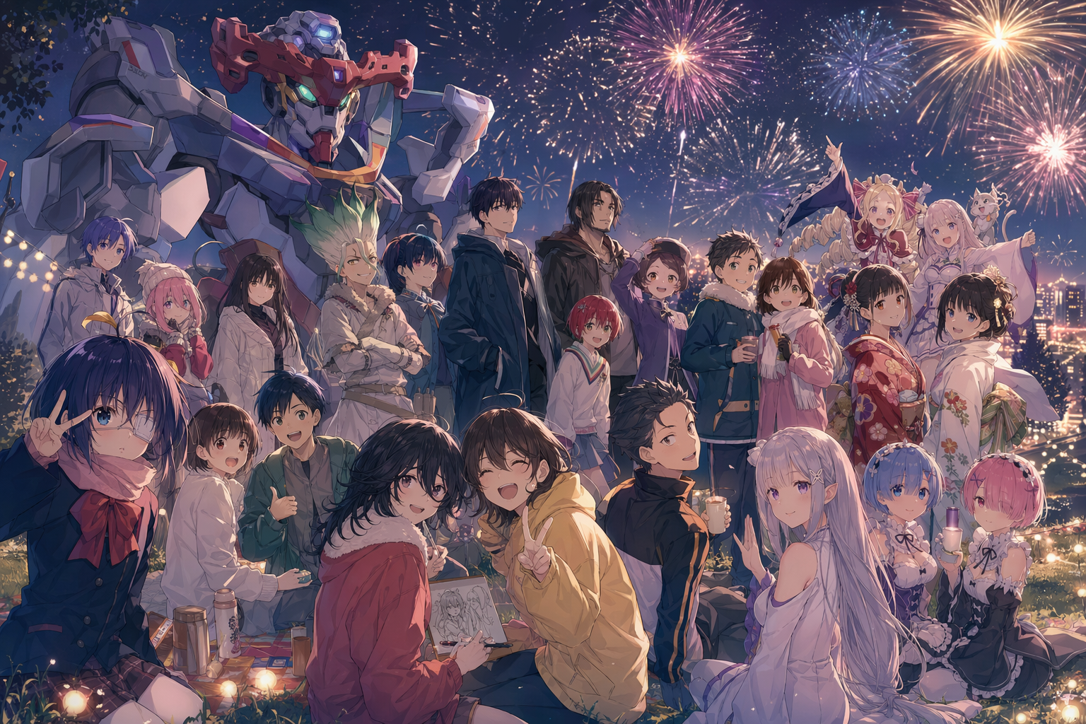 新年夜晚草坪烟花群像海报